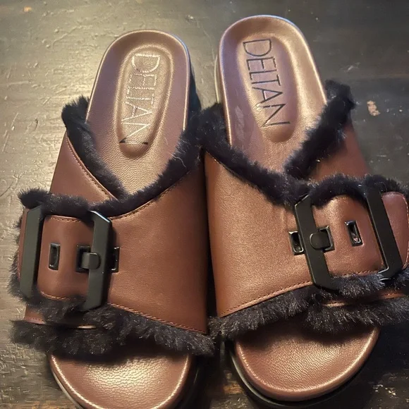 Deltan Women's Black and Brown Fur Buckle Mules - Picture 1 of 7